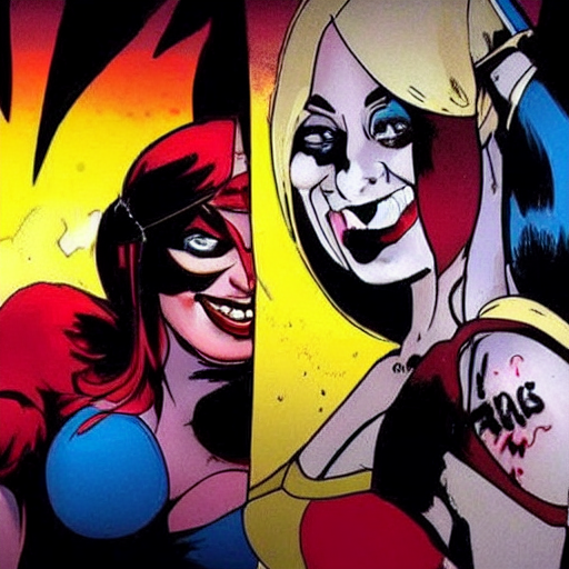 KREA AI Jesus fighting Harley Quinn over a vat of acid
