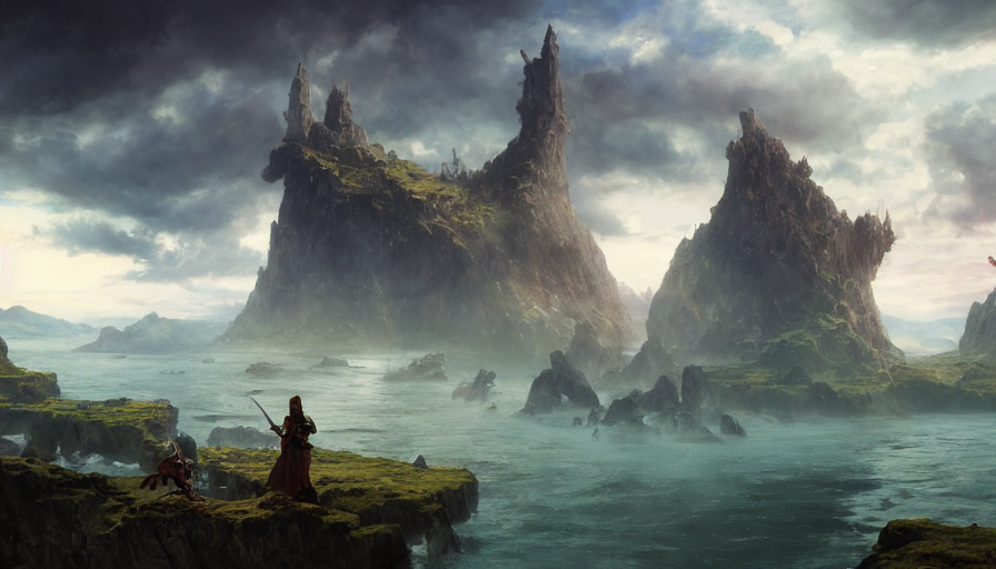 KREA AI floating islands of land group adventurers vikings...