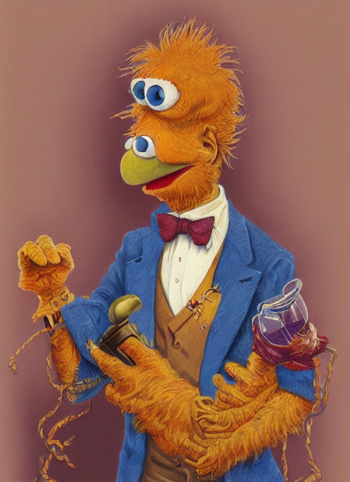 KREA AI portrait of Beaker Muppet in Society (1989), highl...