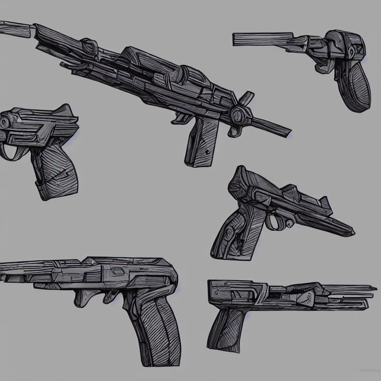 KREA AI detailed diagram of a futuristic gun, 2 d game art...