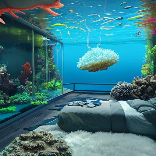 KREA AI the realistic photo of the modern room as aquarium...
