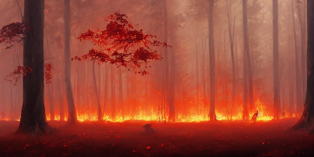 KREA AI A flaming forest of trees, flaming leaves,fire ,Ma...