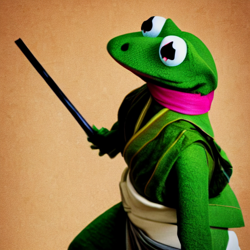 KREA AI - kermit the frog as a geisha samurai in battle, adv...