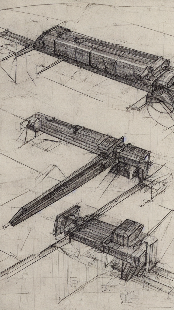 KREA AI Leonardo da Vinci sketch of a futuristic railgun,