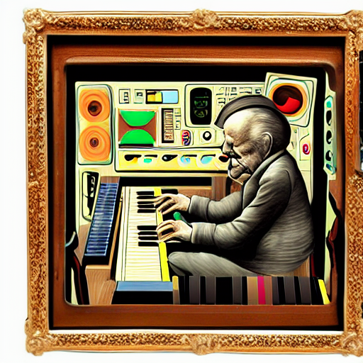 KREA AI old man playing a synthesizer, musical notation, l...