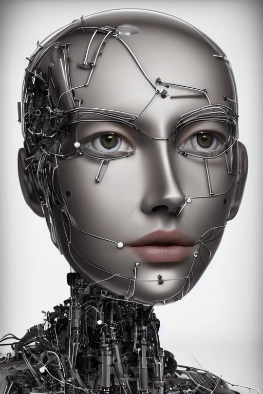 KREA AI robot with human face, female head, full body angl...