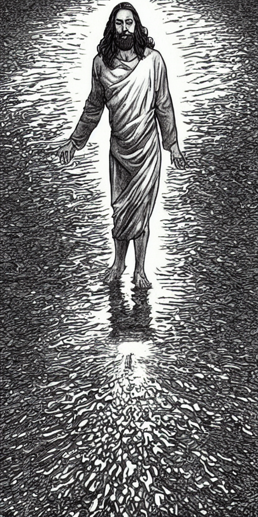 KREA AI - jesus walking on water, drawing by alan moore,