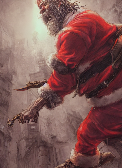 KREA AI portrait, Santa Clause fighting zombies, watercolo...