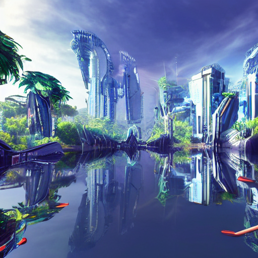 KREA AI futuristic city ultrarealistic utopia lake photor...