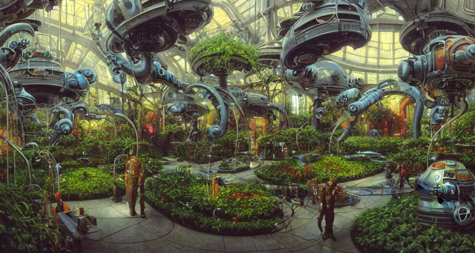 KREA AI - lush scifi high tech garden in a victorian shoppin...