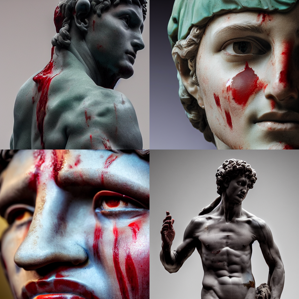 KREA AI David by Michelangelo statue crying blood on his c...