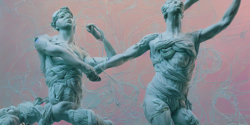KREA AI greek sculpture of intertwined bodies and machines...