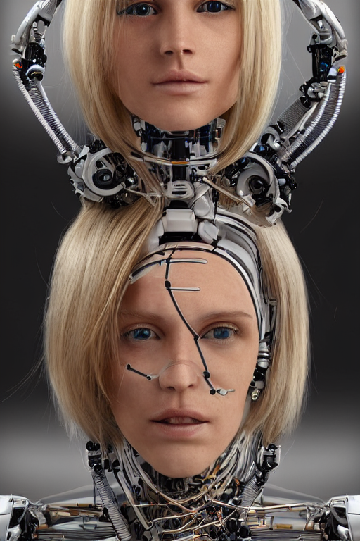 KREA AI robot with human face, female head, full body angl...