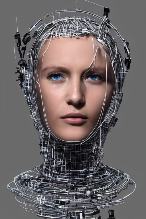 KREA AI robot with human face, female head, full body angl...