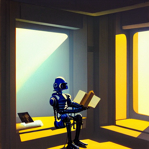 KREA AI - digital painting of a droid robot reading a book,