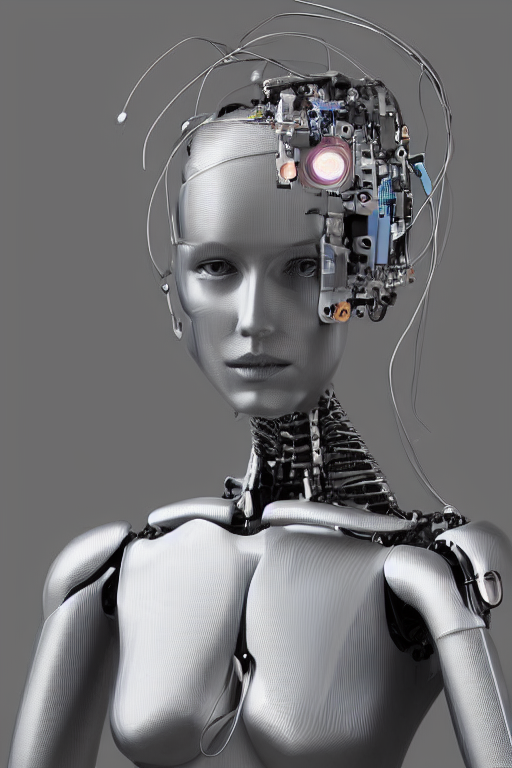 KREA AI robot with human face, female head, full body angl...