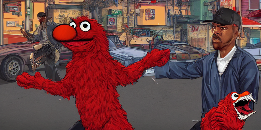 KREA AI Elmo as a 90s gangster in GTA V, Cover Art by Step...