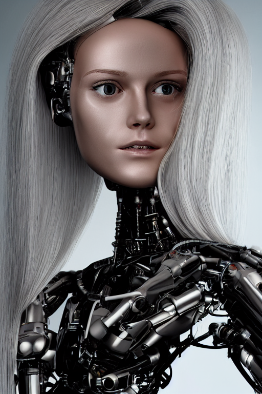 KREA AI robot with human face, female head, full body angl...