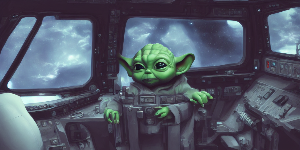 KREA AI Baby Yoda sitting in the cockpit of a spaceship, h...