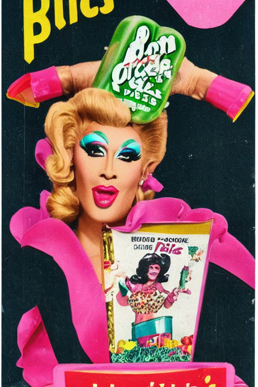 KREA AI drag queen on pickles cereal box, vintage packagin...