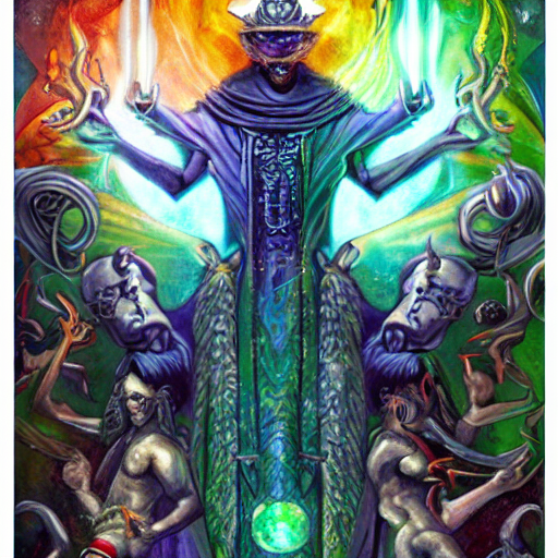 KREA AI crazy hermetic magician working with elementals, p...