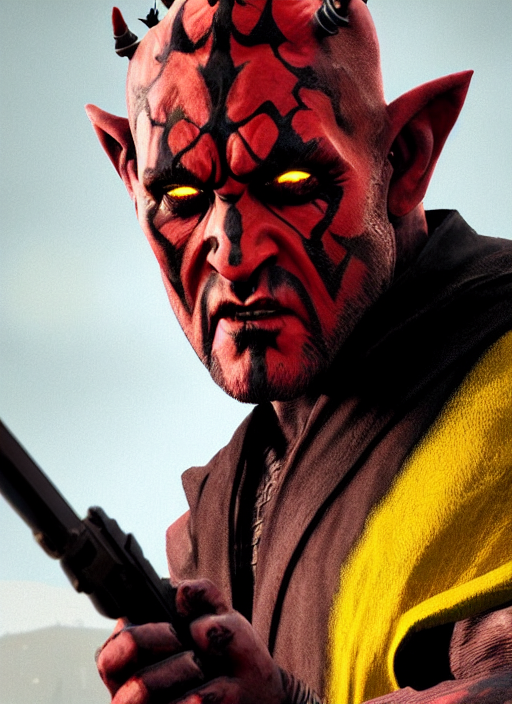 KREA AI highly detailed poster of darth maul with yellow e...