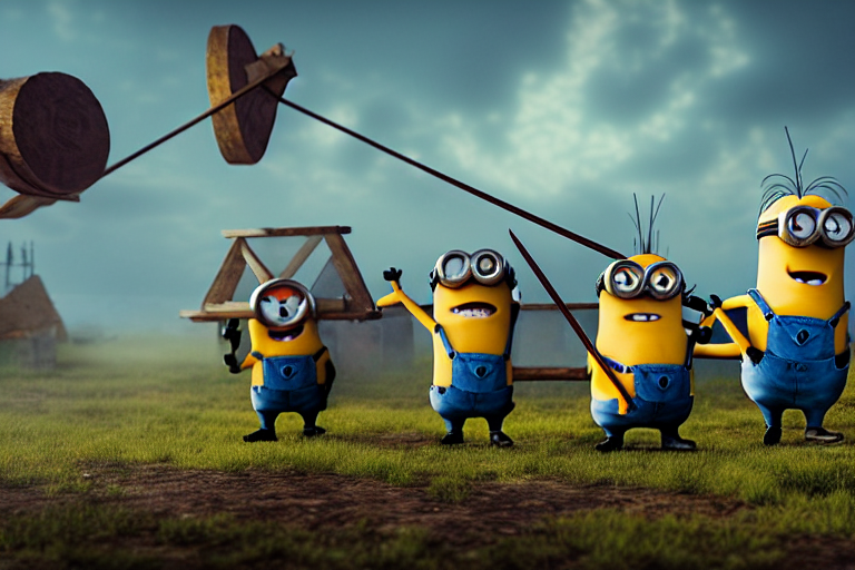 KREA AI - diorama of group of minions launching a trebuchet,...
