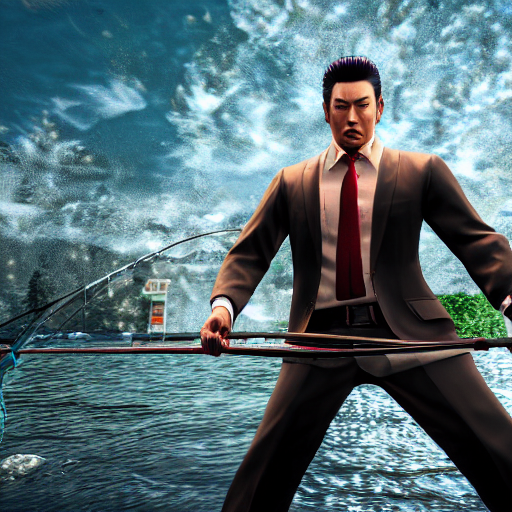 KREA AI photography of kiryu from the yakuza games fishing...