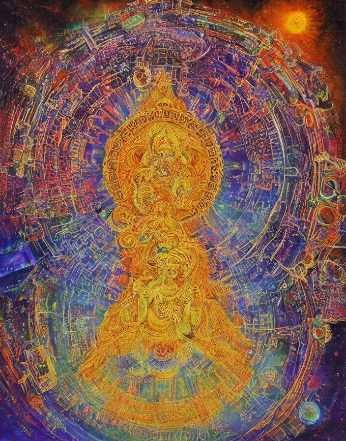 KREA AI CERN Hindu temple alignment ritual, lsd