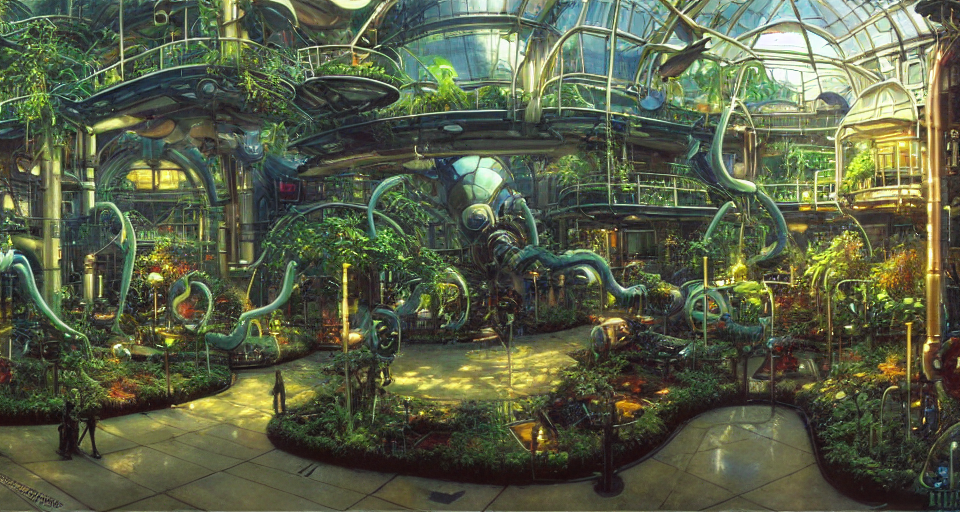 KREA AI - lush scifi high tech garden in a victorian shoppin...