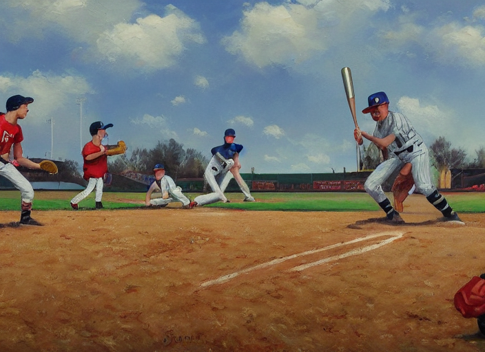 KREA AI baseball game in a cornfield themed, oil painting
