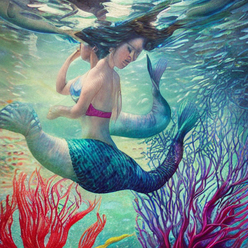 KREA AI underwater mermaids wearing seashell bras swimming...