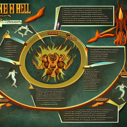 KREA AI infographic, map of the seven levels of hell, epic...
