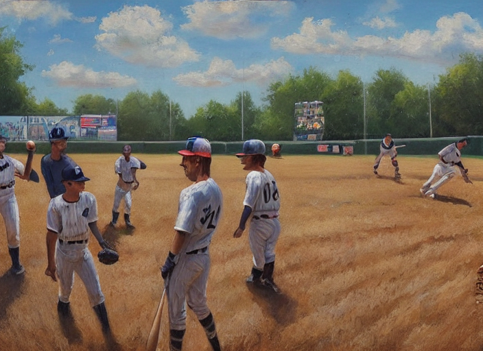 KREA AI baseball game in a cornfield themed, oil painting