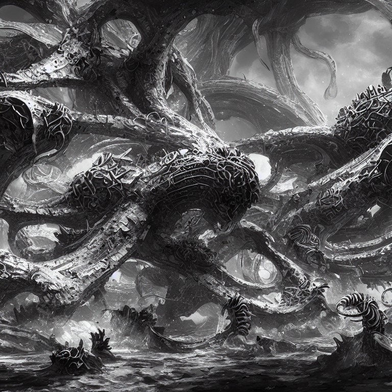 KREA AI black and white, returnal biome, ancient city, rot...