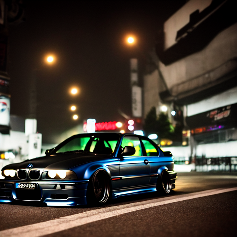 KREA AI closeupphoto BMW E36 turbo illegal night meet, w...