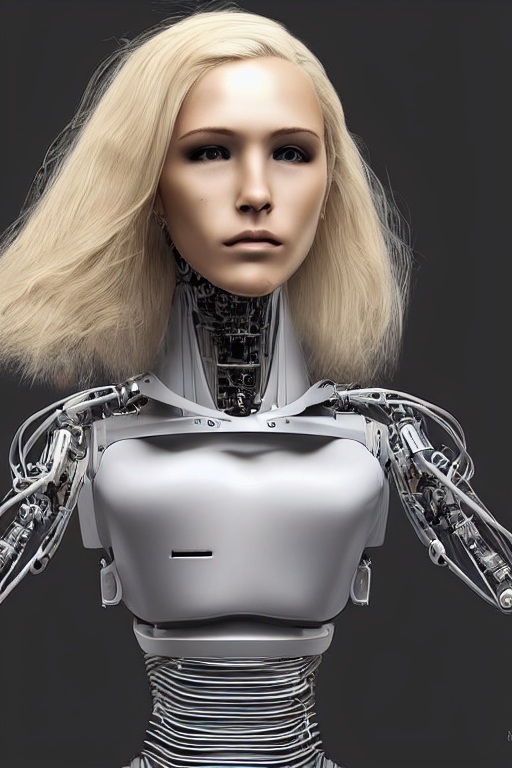 KREA AI robot with human face, female head, full body angl...