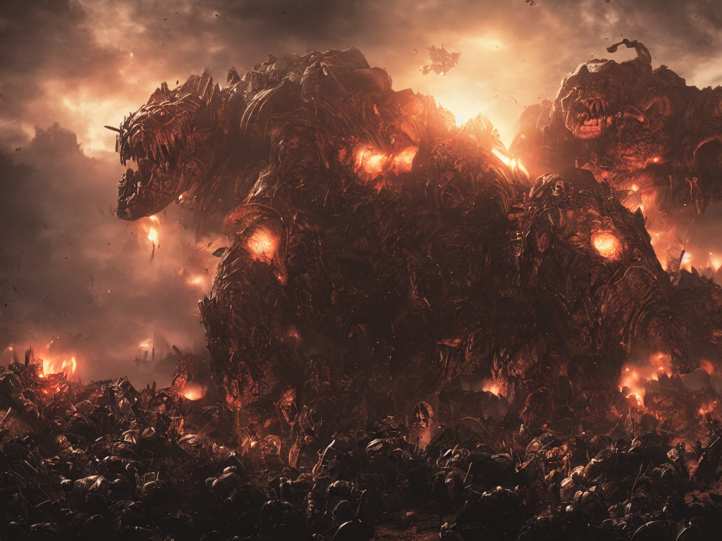 KREA AI an invasion by orcs from warhammer in gears of war...