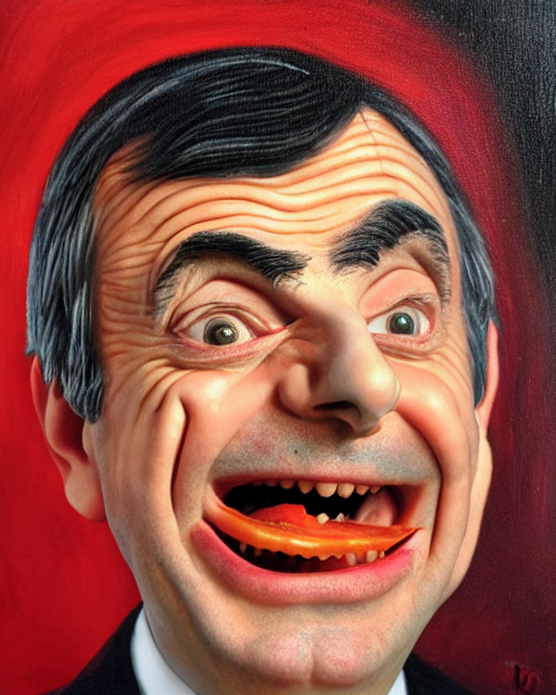 KREA AI portrait of mr bean smiling in a bowl full of bake...