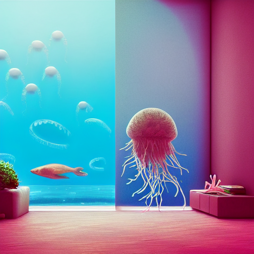 KREA AI the realistic photo of the modern room as aquarium...