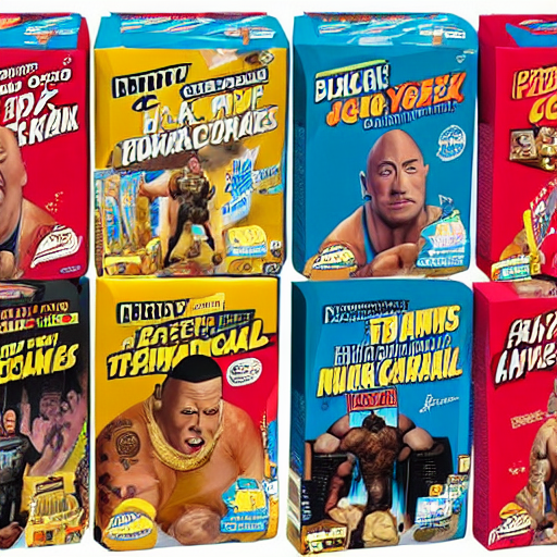 KREA AI dwayne the rock johnson breakfast cereal boxes on