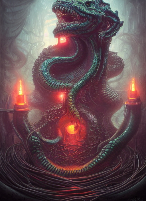 KREA AI neon sign lovecraft horror machine glowing reptile...