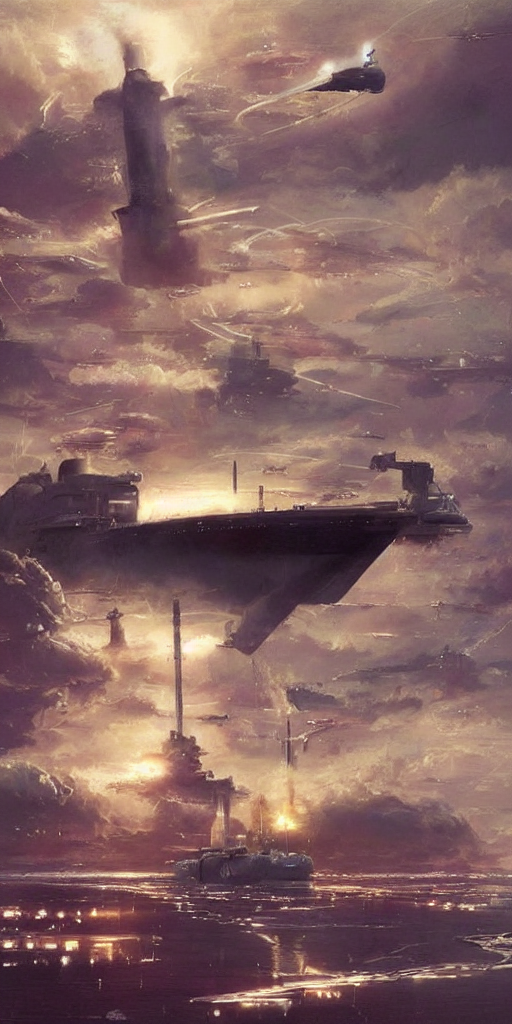 KREA AI large spacecraft naval ships dragging long cables