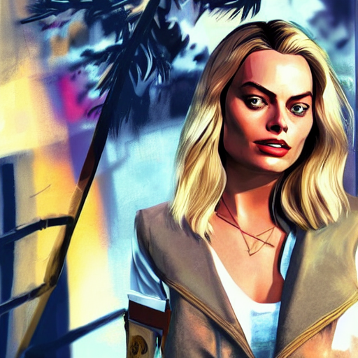 KREA AI Margot Robbie in GTA V Cover art by Steven Bliss,