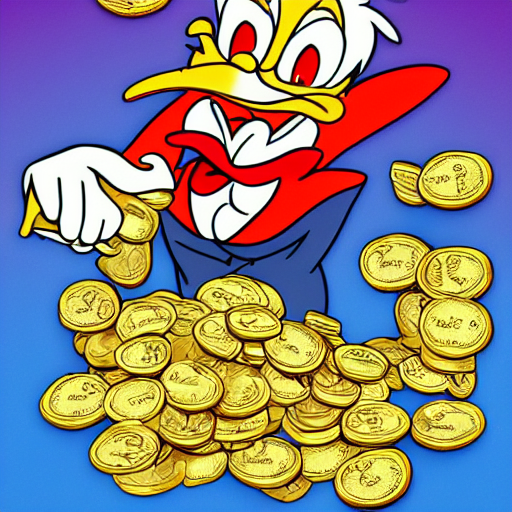 KREA AI scrooge mcduck driving into a pile of gold coins
