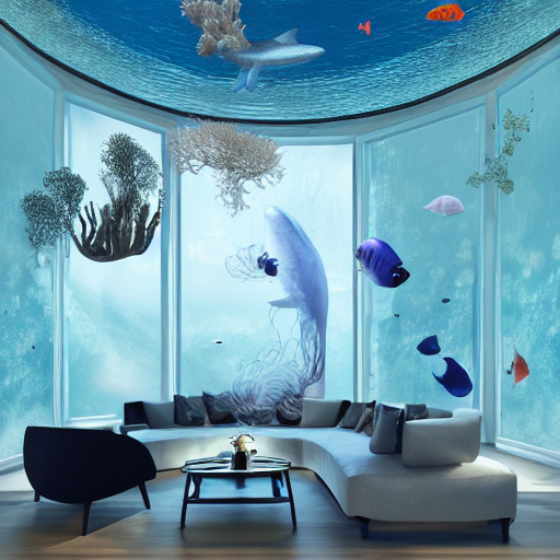 KREA AI the realistic photo of the modern room as aquarium...