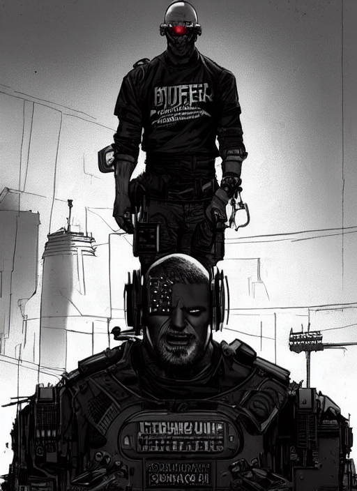 KREA AI Dumb Bubba. Buff cyberpunk meathead looking scared...