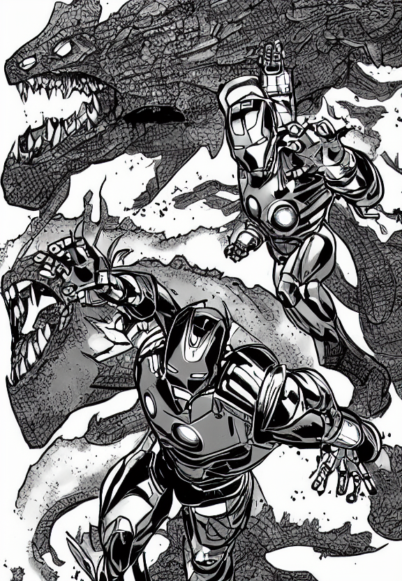 KREA AI iron man fighting a giant kaiju, comic book style