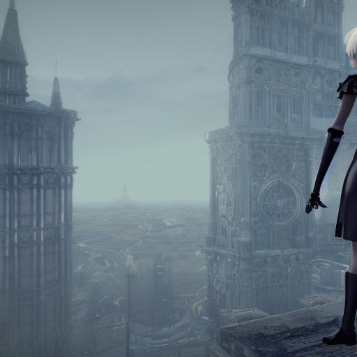 KREA AI 2B nier automata standing on top of a tower, 4k, u...