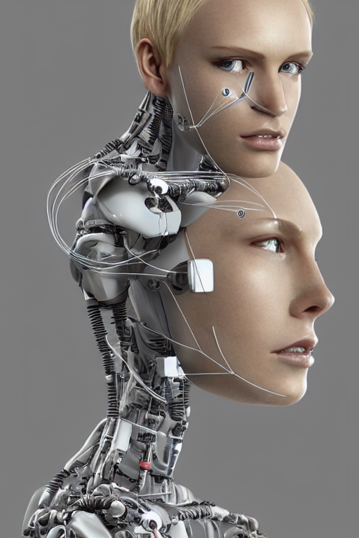 KREA AI robot with human face, female head, full body angl...